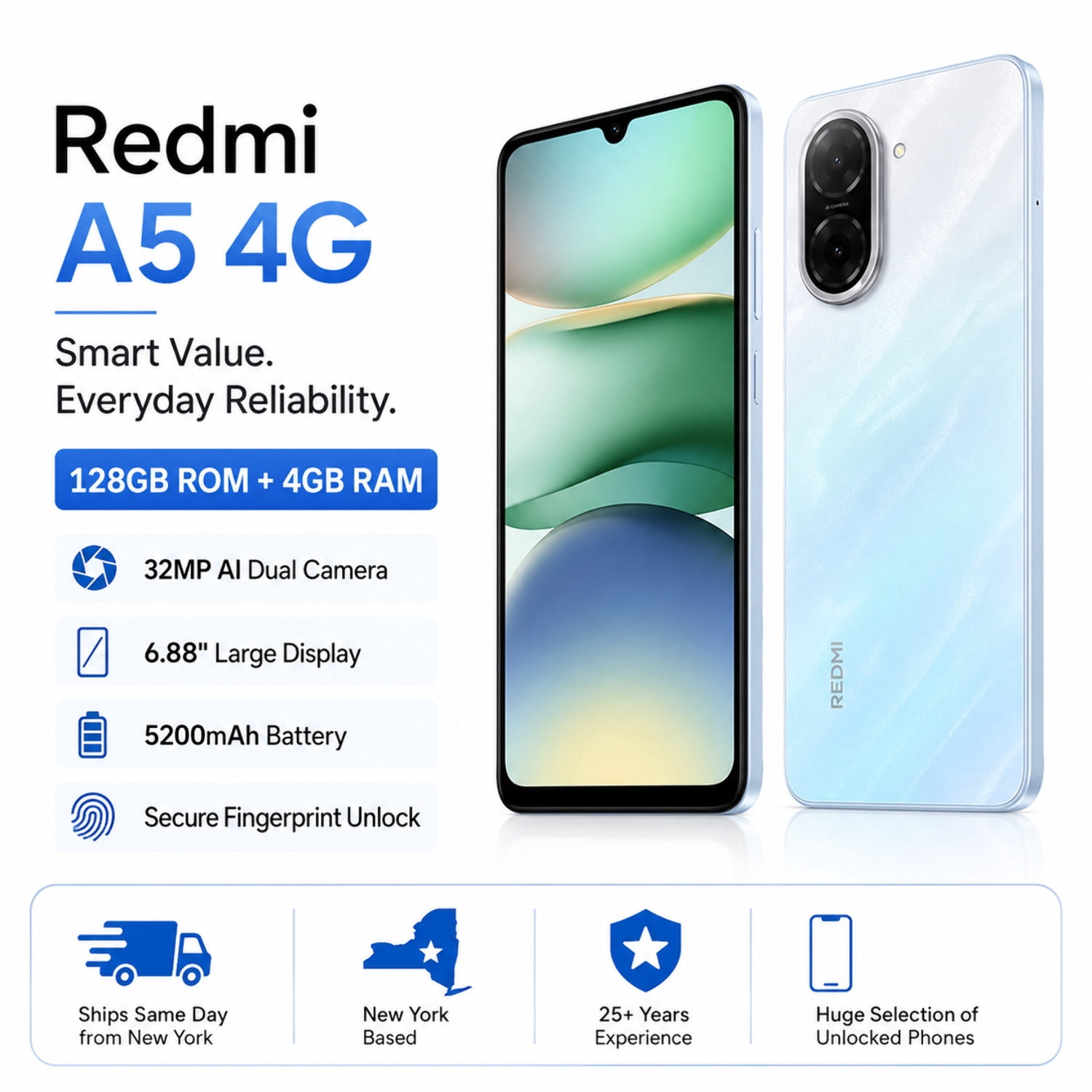 Xiaomi Redmi A5 4G 128GB ROM 4GB RAM Dual SIM GSM Unlocked - Blue