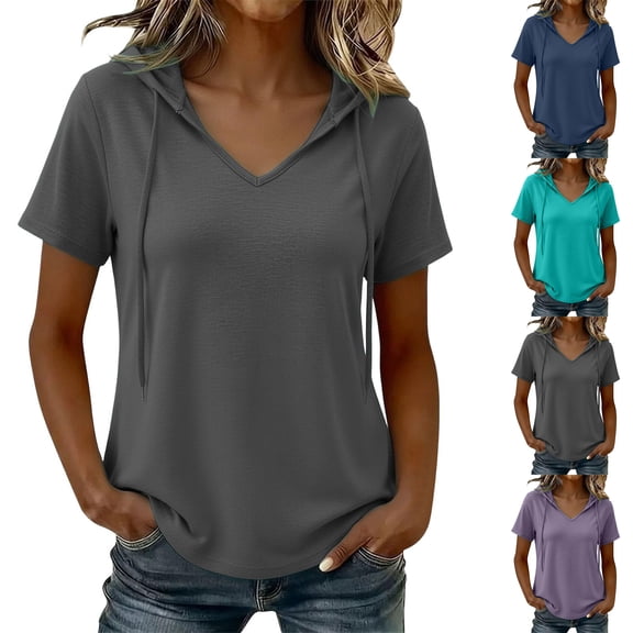 Women's Short Sleeve Hoodie Tunic Tops Casual Loose Fit Pullover V Neck Lightweight Sweatshirts with Pockets, S