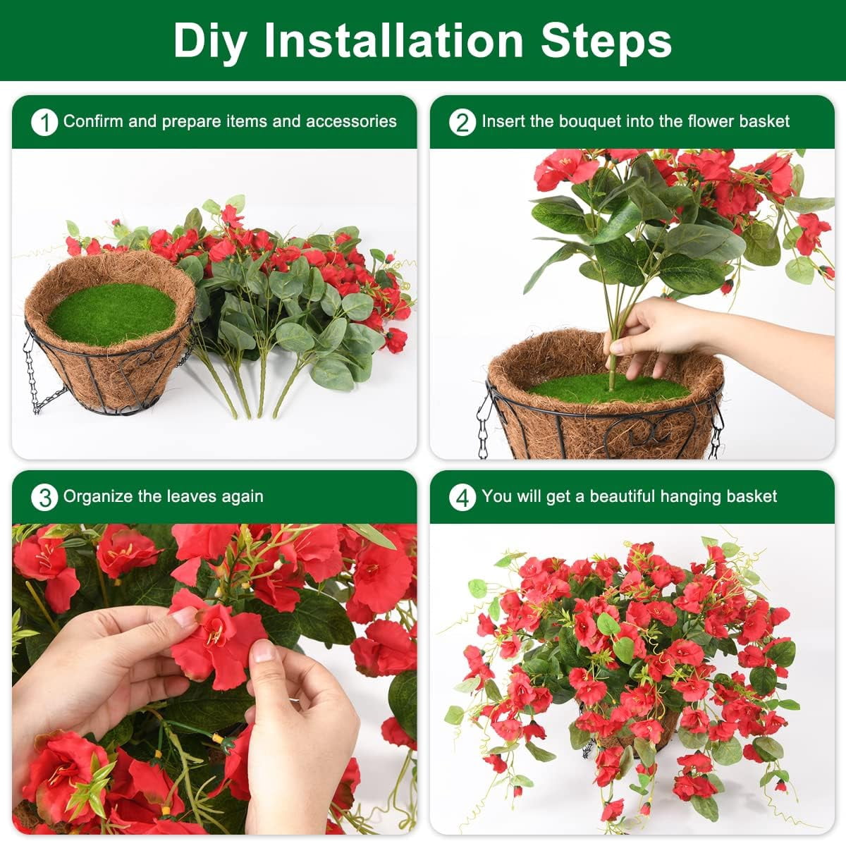 Artificial Hanging Flowers Basket,Fake Hanging Plant,4 Packs Faux Flower Daisies Coconut Lining Hanging Baskets for Patio Garden Porch Deck Decoration(Red)
