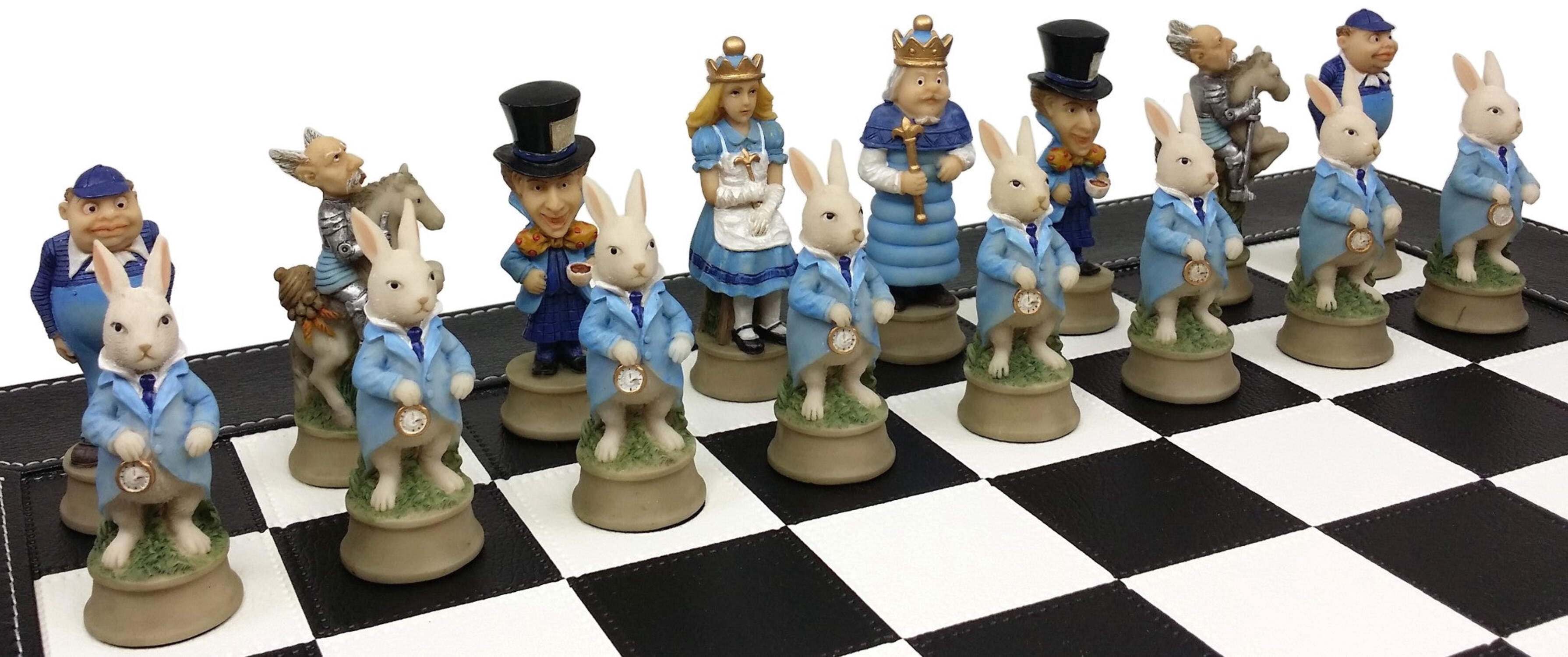 Alice in Wonderland Fantasy Chess Set W/ 18" Black Faux Leather Board