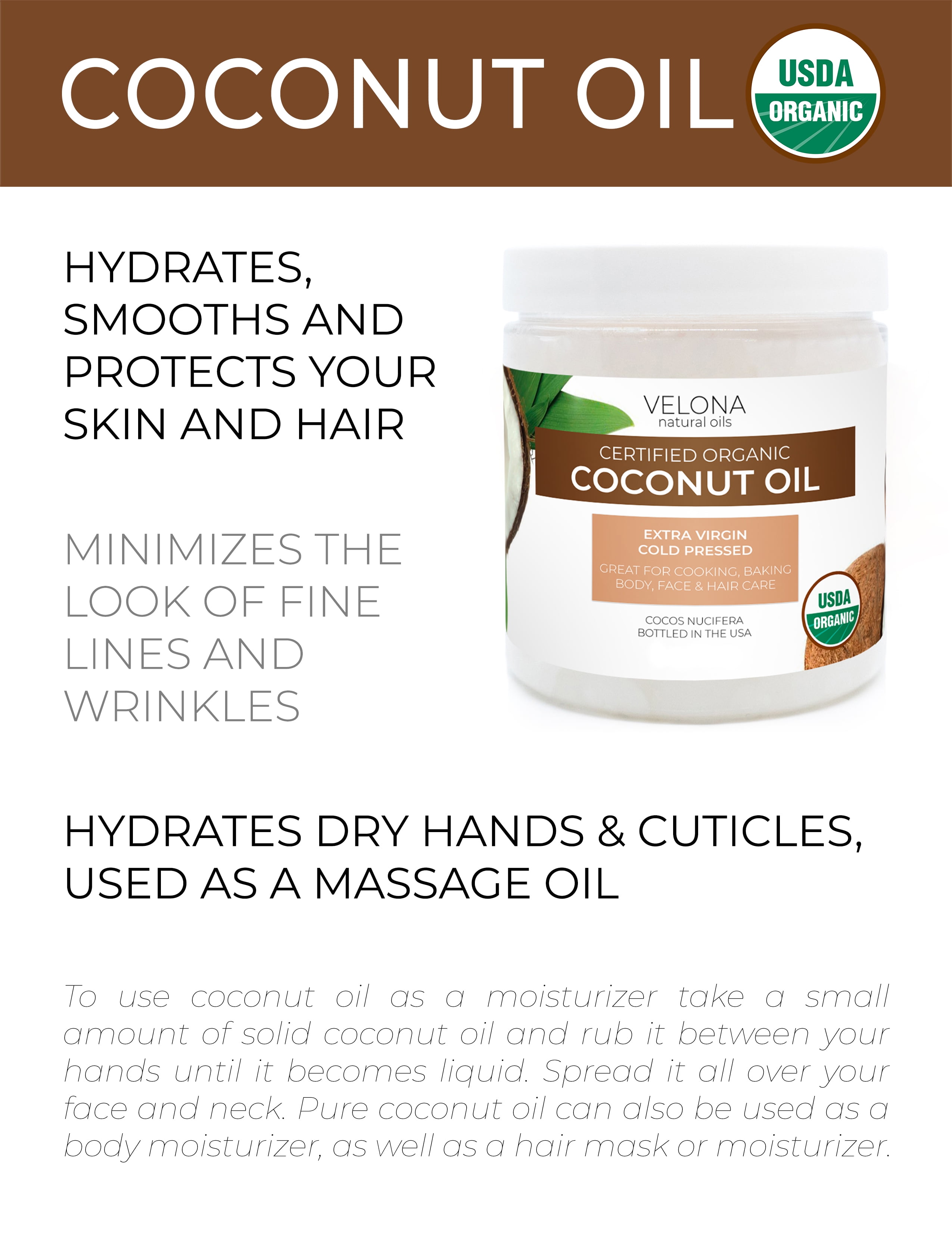 Velona USDA Certified Organic Coconut Oil Extra Virgin - 1 Gallon / 128 Fl Oz | Food and Cosmetic Grade | in jar | Extra Virgin, Cold Pressed | Skin, Face, Body, Hair Care | Use Today - Enjoy Results