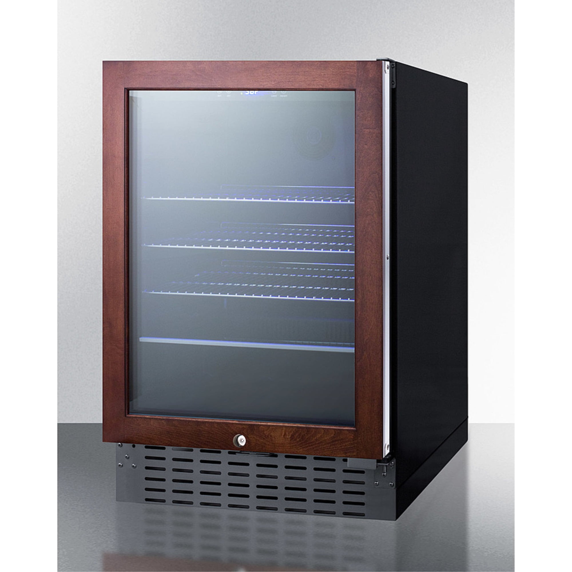 Built-in undercounter beverage refrigerator with panel-ready glass door, digital controls, lock, and black cabinet
