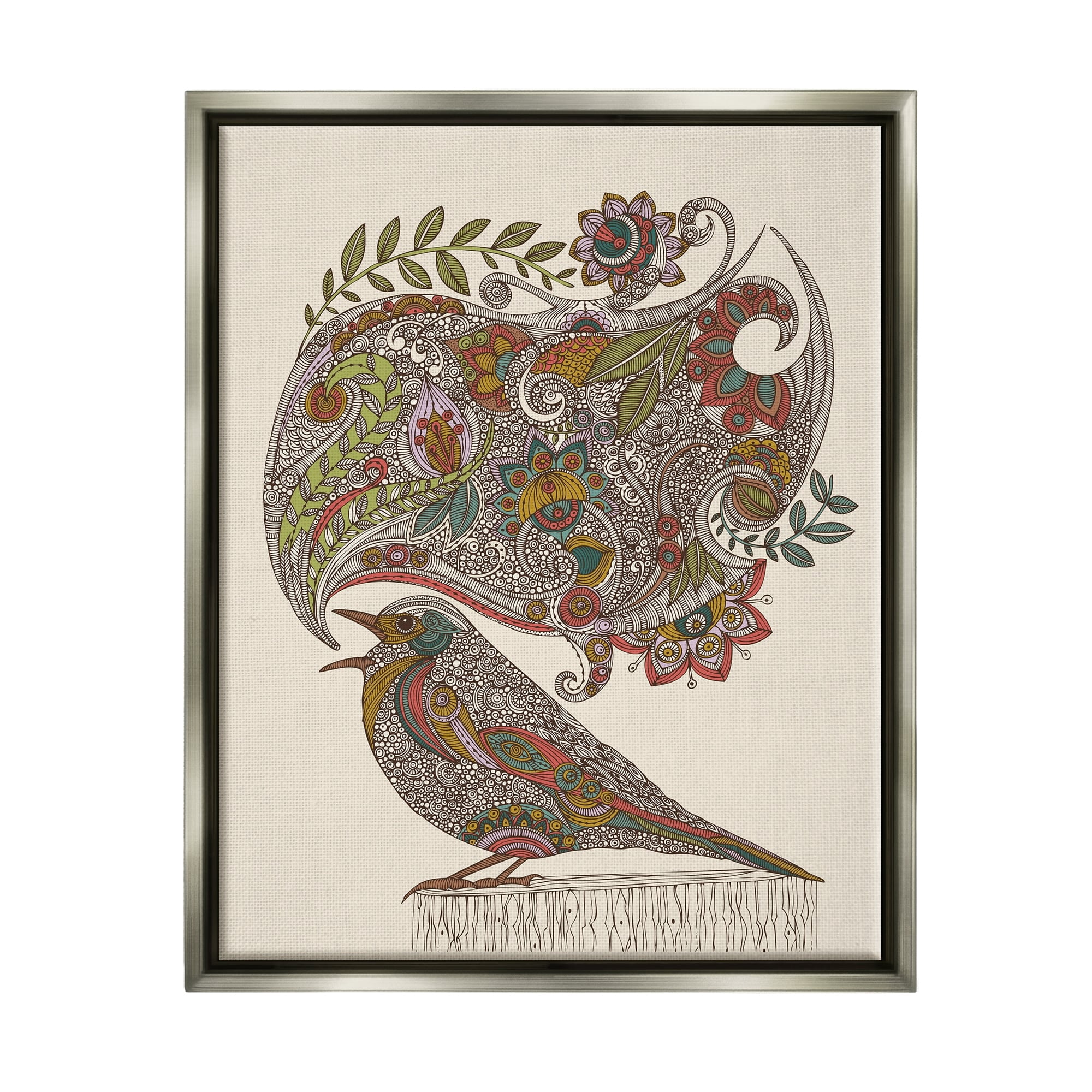 Stupell Industries Song Bird Complex Paisley Patterns Botanical Leaves Graphic Art Luster Gray Floating Framed Canvas Print Wall Art, Design by Valentina Harper