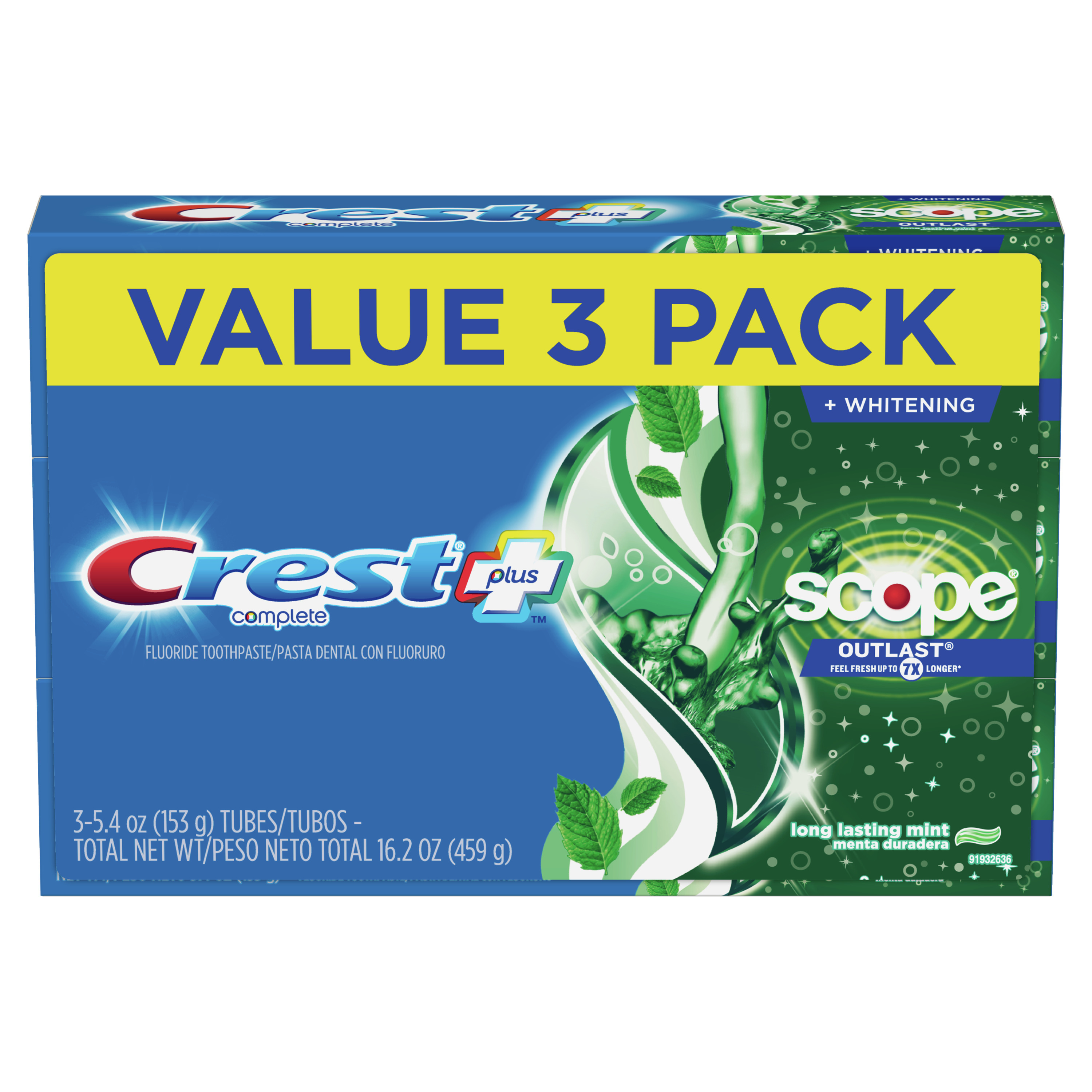 Crest + Scope Outlast Complete Whitening Toothpaste, Mint, 5.4 oz, Pack of 3 - image 9 of 10
