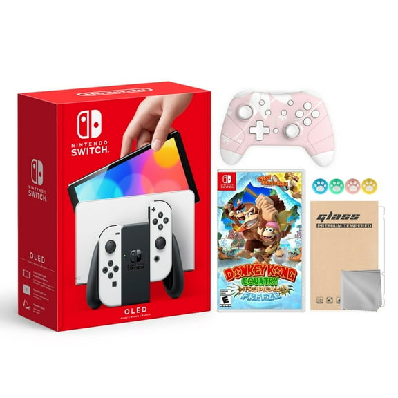 Nintendo Switch OLED Model White Joy Con 64GB Console Improved HD Screen & LAN-Port Dock with Donkey Kong Country And Mytrix Wireless Pro Controller and Accessories