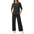 thumbnail image 6 of Womens Two Piece Outfits Casual Loose Long Sleeve Shirts And High Waisted Drawstring Shorts Tracksuit Outfits, Black - L, 6 of 6