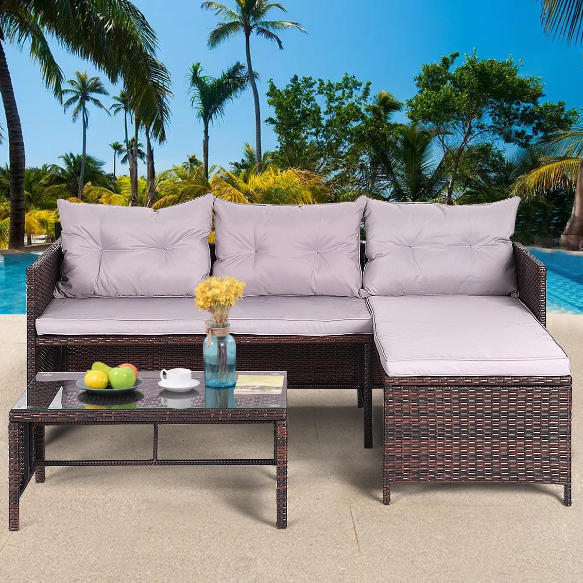 Gymax 3PC Rattan Furniture Sofa Lounge Chaise Set Outdoor Patio Garden