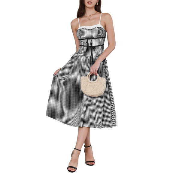 INSPIRE CHIC Vintage Gingham Dress for Womens Spaghetti Strap 1950s A-Line Flowy Midi Dresses XS Black