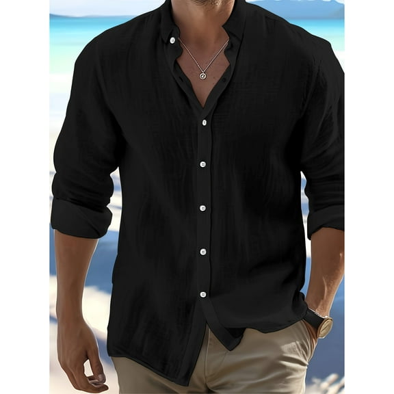 Men's Linen Cotton Shirts Long Sleeve Regular Fit Casual Solid Shirt Lightweight Summer Beach Tops Black XXL