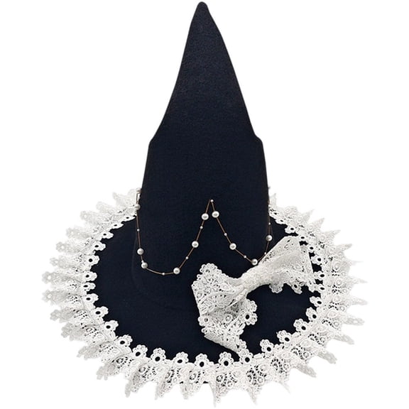 Slccxzc Witch Pointed Hats, Lace Bow Wizard Hat, Wide Brim Pointed Cap for Women Princess Lolita Witch Headwear Halloween Party Hat