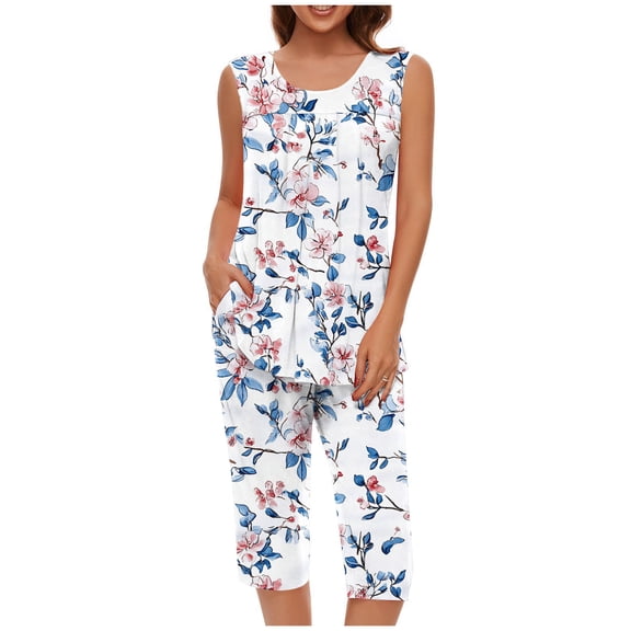 Hrsba Casual 2 Piece Set for Women,Print Crew Neck Sleeveless Ruffled Top with 3/4 Length Pants Summer Matching Outfits