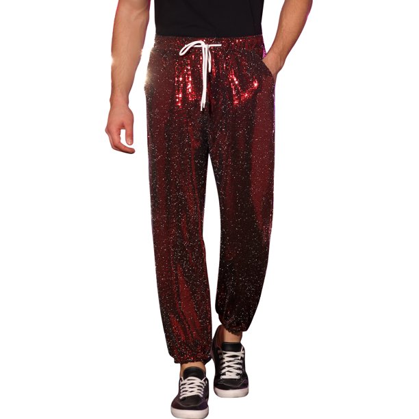 Pantalones de drawstring con lentejuelas INSPIRE CHIC para hombres, pijama de cintura elástica, jogger brillante 36 rojo