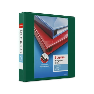 Staples Heavy-Duty 1 1/2" 3-Ring View Binder with D-Rings and Four Interior Pockets Dark Green