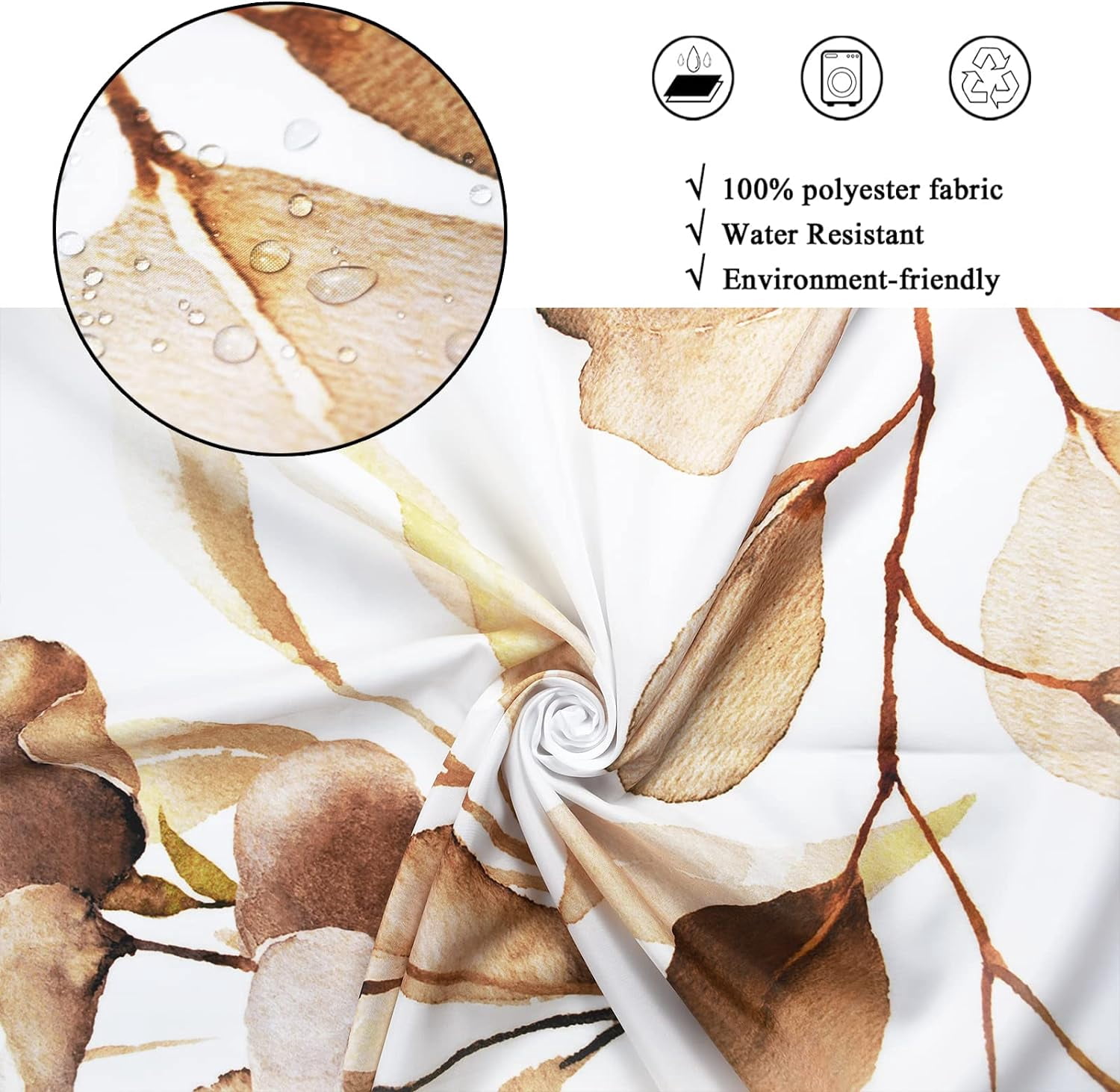 Brown Eucalyptus Leaf Long Shower Curtain, Brown Botanical Watercolor Plants Bathroom Curtain Bathtub Home Decor Waterproof Fabric Machine Washable with 12 PCS Hooks,72" Wx84 L