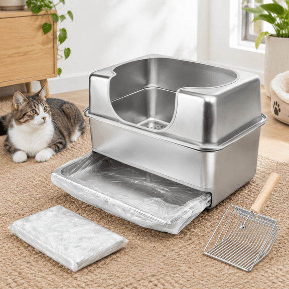 Stainless Steel Sifting Litter Box with Lid, Extra Large, For Pine Pellet Litter
