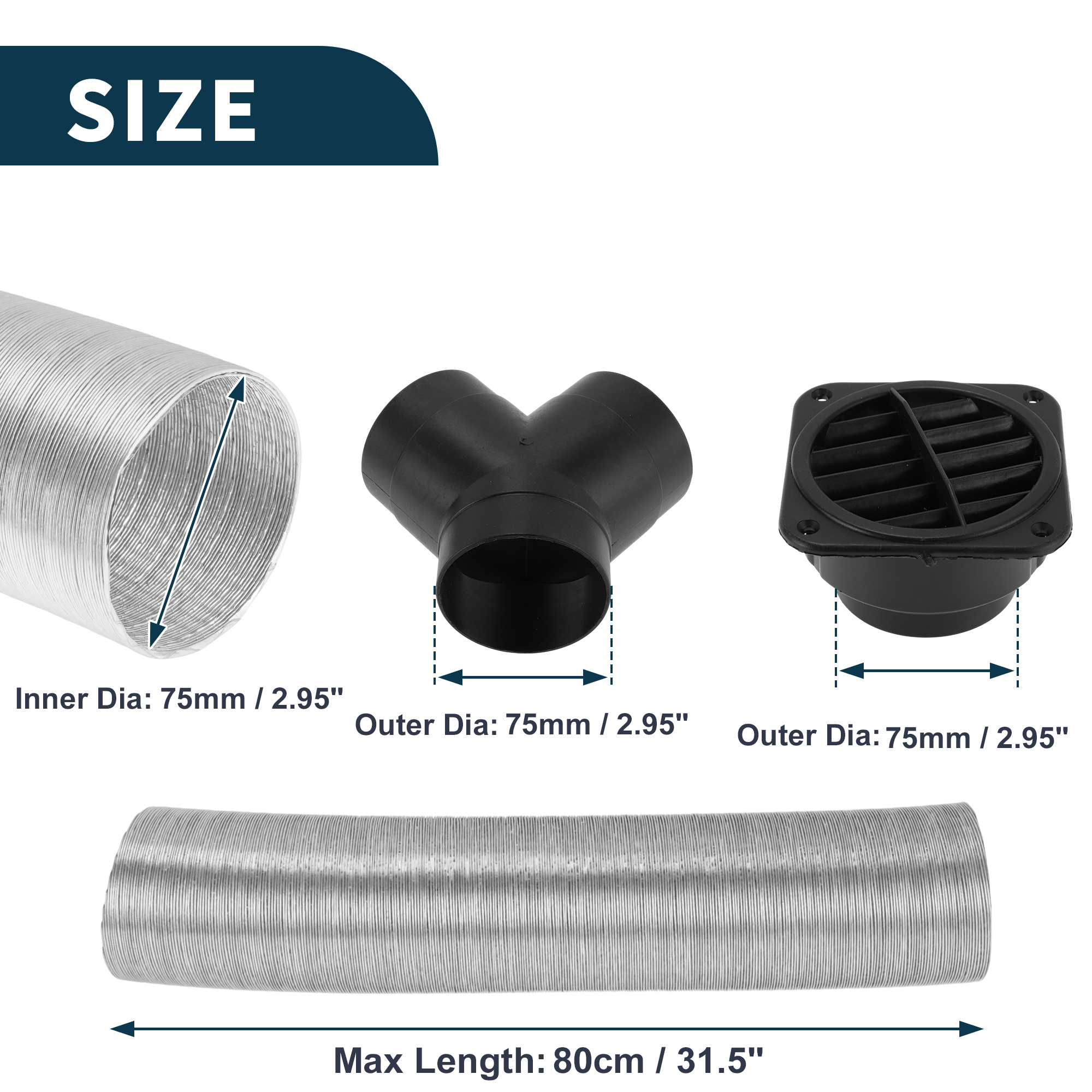 Unique Bargains 75mm Dia 80cm Car Heater Duct Kit Car Heater Duct Pipe Hose Set for Diesel Heater Silver Tone