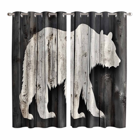 White Brown Bear Kitchen Curtains 84 Inch Length, Farmhouse Country Rustic Wooden Grain Grommet Top Bedroom Living Room Curtains, Light Filtering Cafe Curtain Drapes 2 Panels Set 104''x84''