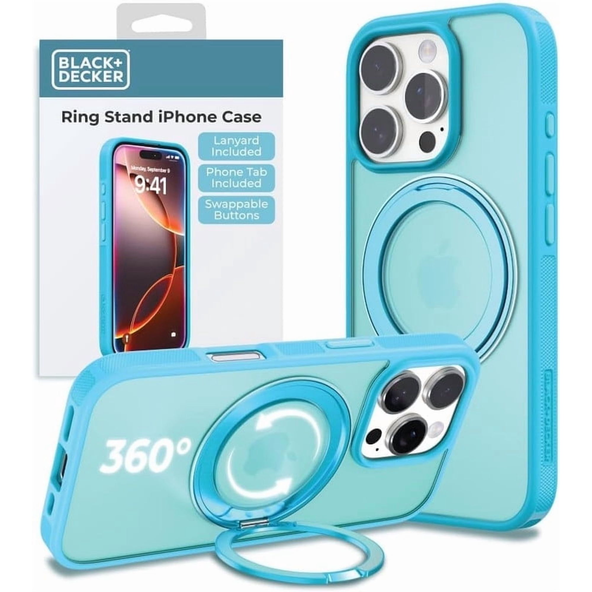 BLACK+DECKER 360°Spin Magnetic Stand for iPhone 16 Plus Case, Compatible with MagSafe Protective Stylish for iPhone 16 Plus Case for Women, Ostand Kickstand Rotatable, Lanyard, Extra Buttons, Blue
