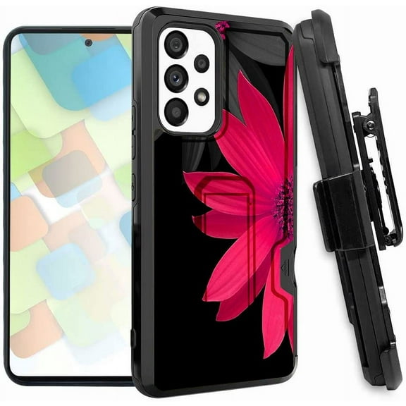 ANJ Rugged Dual Layered Holster Case w/Kickstand, Card Slot Case Tempered Glass Cover for Samsung Galaxy A53 5G - Pink Floral