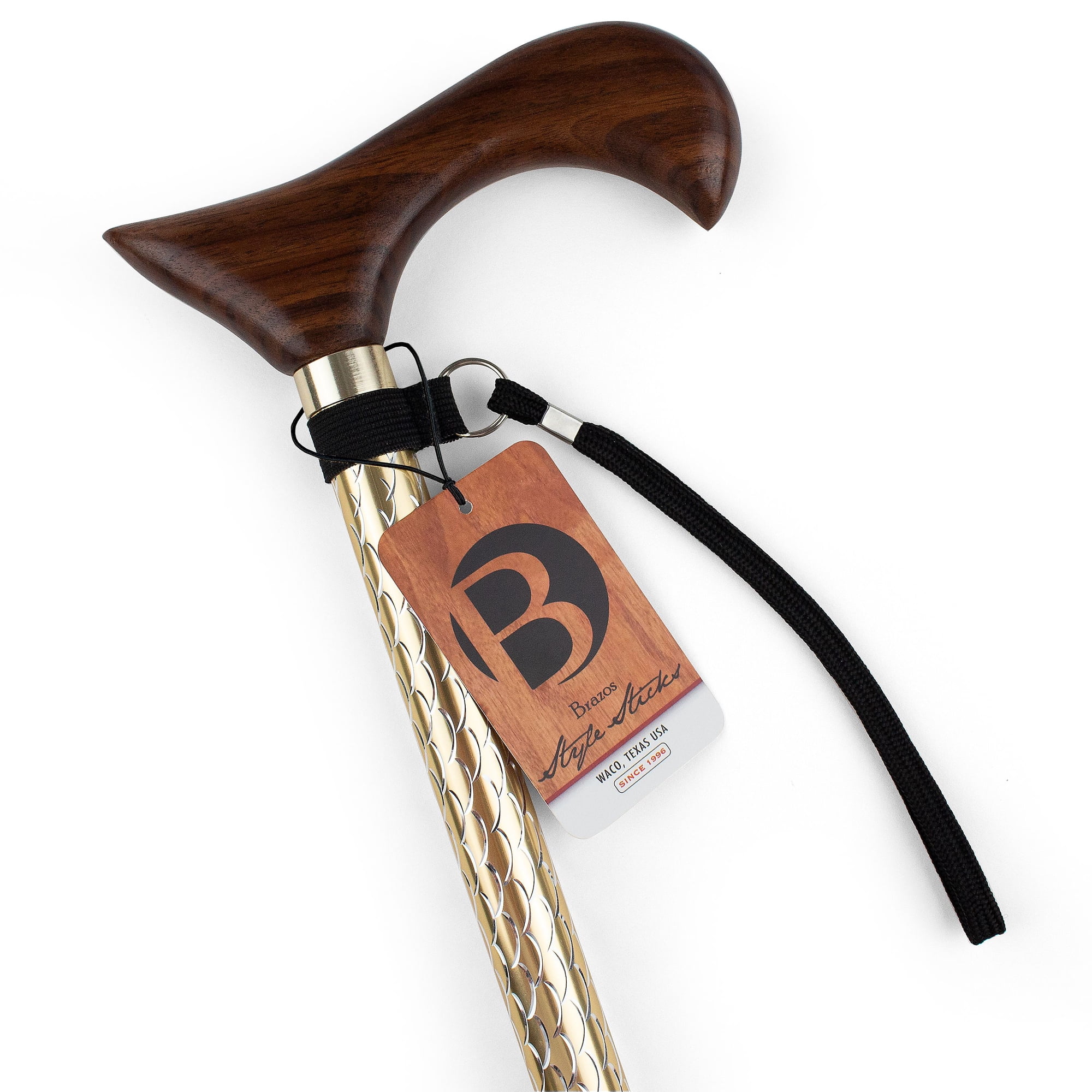 Brazos Adjustable Walking Cane for Men and Women Made of Lightweight Engraved Aluminum with Wooden Handle, Wrist Strap and Rubber Tip, Black and Gold Body with Walnut Handle, FSA & HSA Eligible