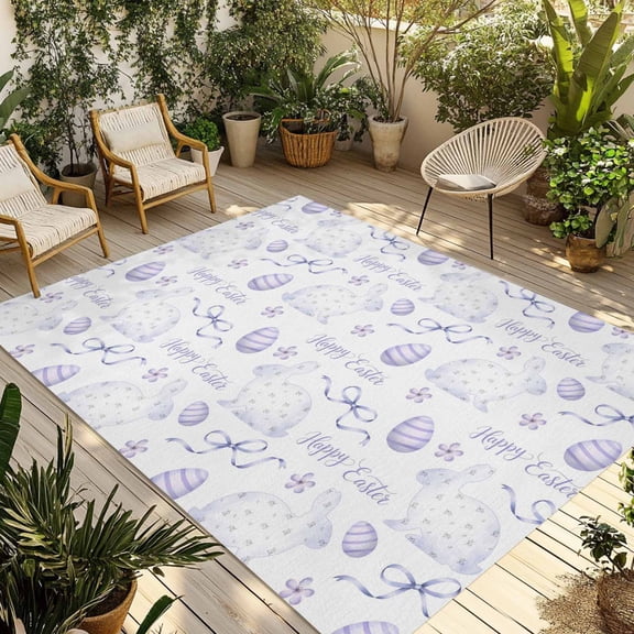 Purple Easter Outdoor Rug for Patio/Deck/Porch, Non-Slip Large Area Rug 4 x 6 Ft, Watercolor Spring Bunny Eggs Flower Indoor Outdoor Rugs Washable Area Rugs, Reversible Camping Rug Carpet Runner