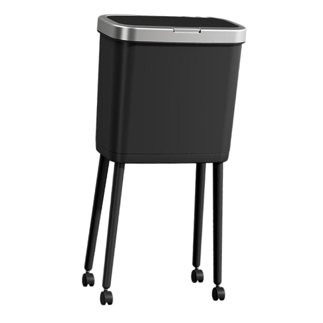 Cubo de basura con ruedas, capacidad de 15 litros, tapa abatible, cierre con botón pulsador. Para salón. Negro plateado