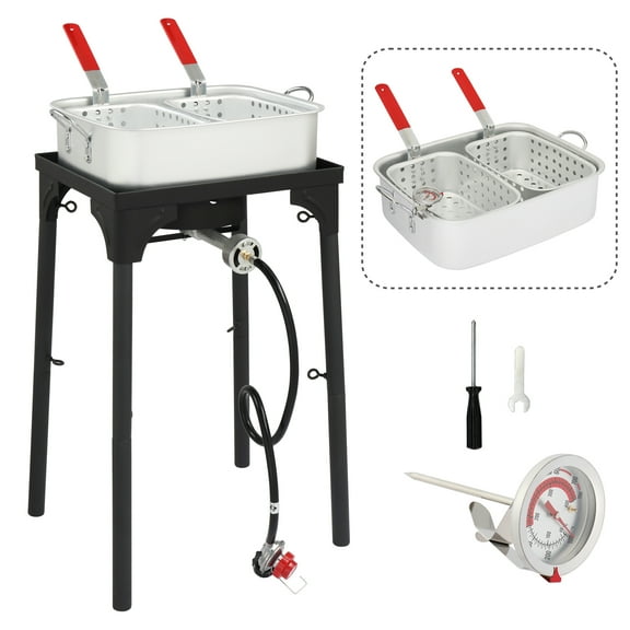 SamyoHome Heavy Duty Aluminum Pot Outdoor Deep Fryer with Burner & Thermometer, 18qt Double Fryer with 2 Baskets Propane Burners