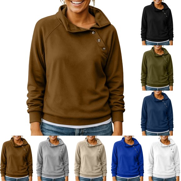 SYwaren Women's Fashion Pullover Solid Color Lapel Collar Button Long Sleeve Hoodless Casual Loose Top