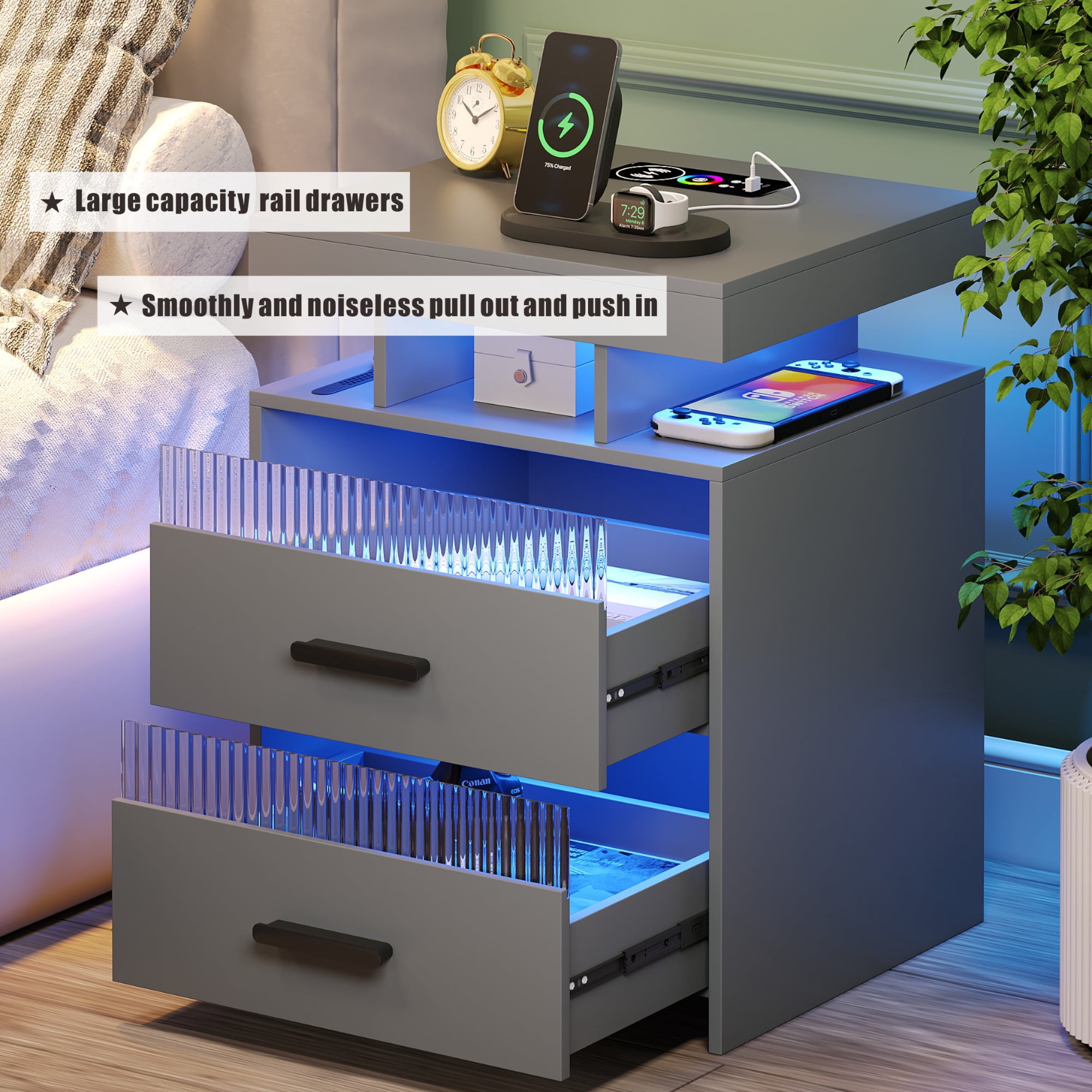 VKCC RGB LED Nightstand with 2 Drawers & Charging Station, Modern Bedside Table for Bedroom Living Room, Grey