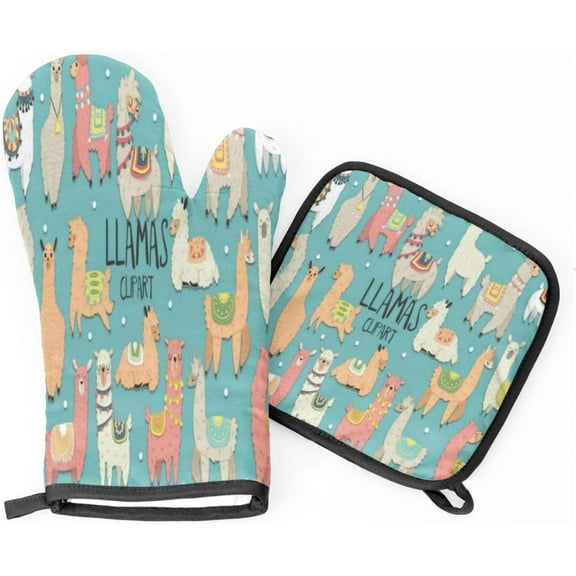 Alpacas Oven Mitts and Pot Holders Sets of 2 Pcs Heat Resistant Oven Gloves and Hot Pads Polyester Potholders Non-Slip BBQ Gloves for Kitchen,Cooking,Baking, Grilling