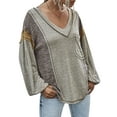 thumbnail image 4 of Women Pocket front Colorblock V Neck Long Sleeve Pullover Shirt, 4 of 7