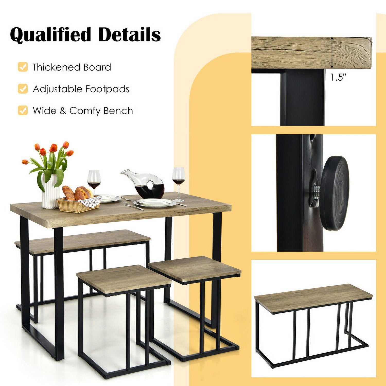 Finihen Dining Set, Dining Table Set, 4 Pieces Industrial Dinette Set with Bench and 2 Stools, for Home, Restaurant, Oak Finihen Dining Set, Dining Table Set, 4 Pieces Industrial Dinette Set with Bench and 2 Stools, for Home, Restaurant, Oak