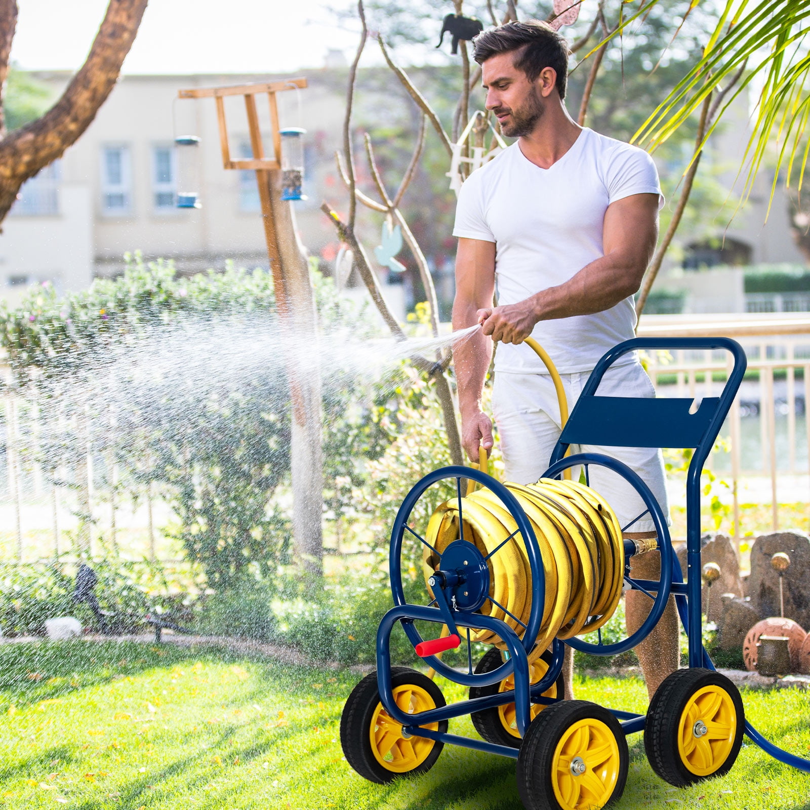 Topbuy 4-Wheel Garden Water Hose Reel Cart, Heavy Duty Wheel Water Planting Cart with Non-slip Crank Handle, Outdoor Slide Hose Guide System
