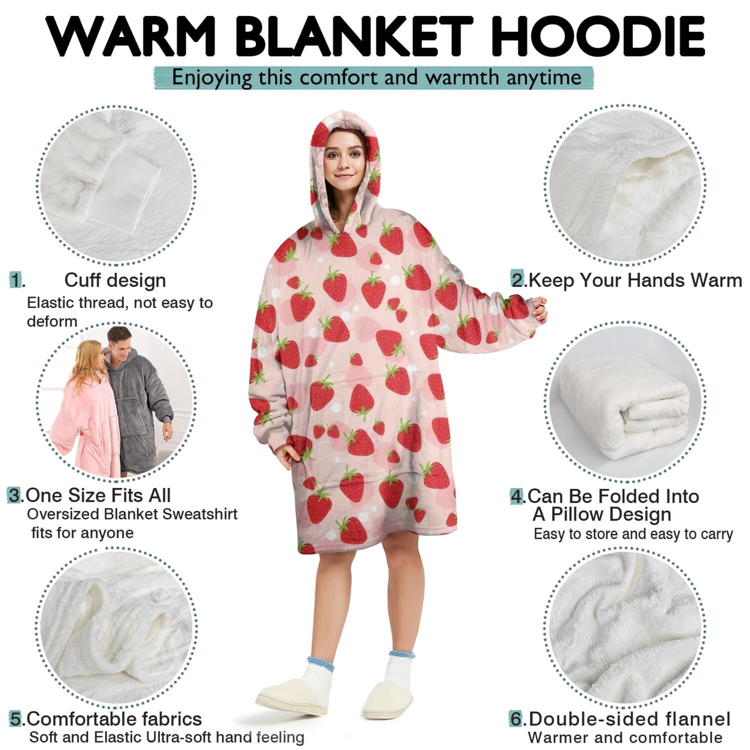 Red Strawberry Plants Fruit Dot Pink Pattern Wearable Oversized Blanket,Wearable Blanket Hoodie for Adults,Cozy Hooded Blankets with Super Pockets,Super Warm Fuzzy Pullover for Women & Men
