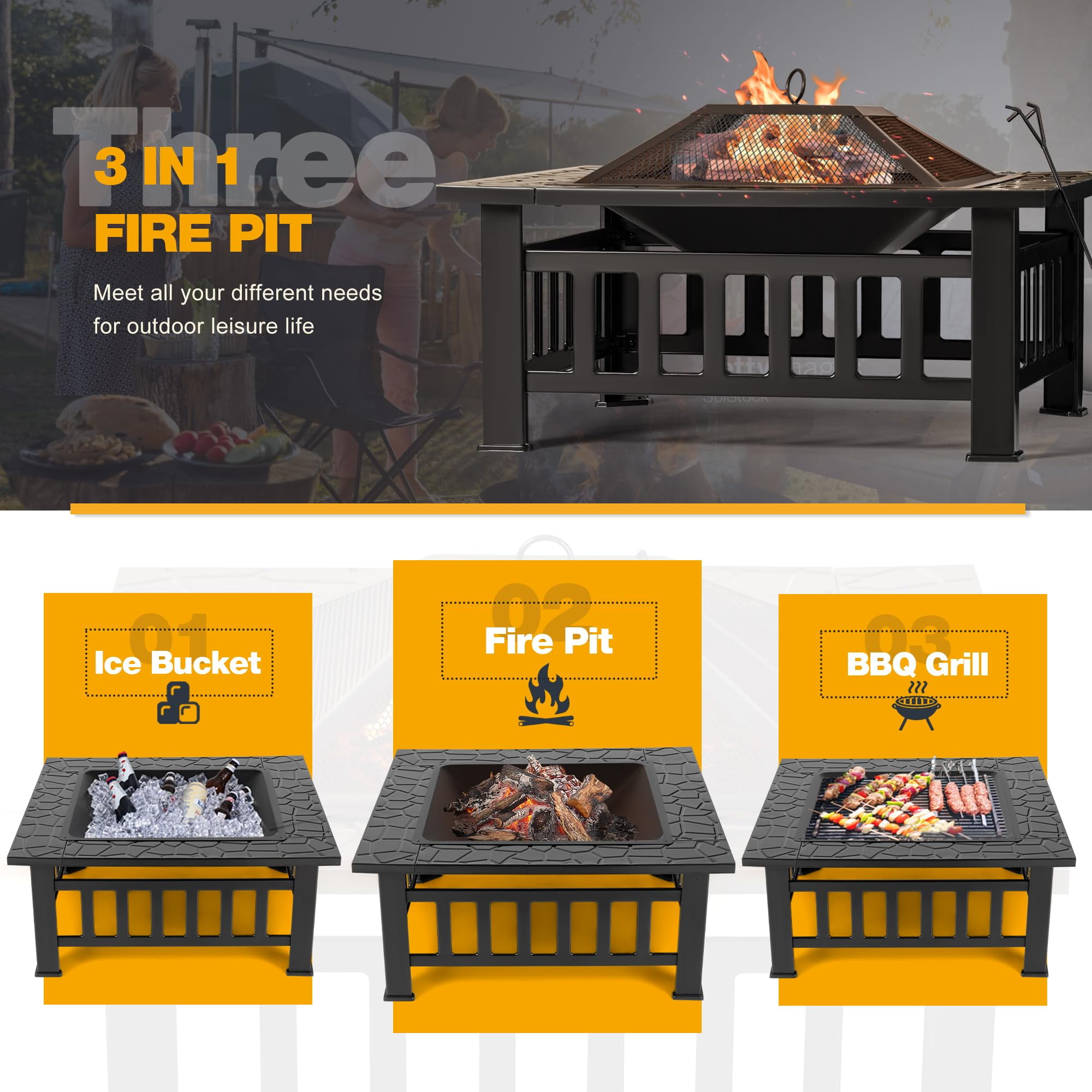 Geemuslly Outdoor Fire Pit, 32 Inch Firepit Table Metal Outdoor Fireplaces for Outside Patio Camping