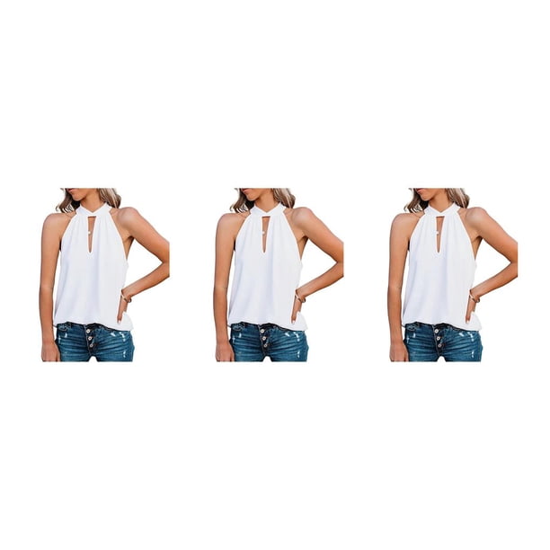 Blusa Sin mangas para mujer Minnieouse Cuello Anudado Transpirable Verano Top Blanco S 3piezas