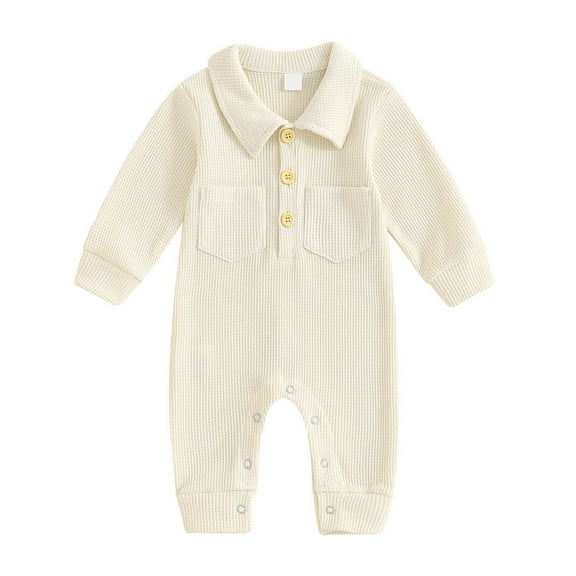 Busydd Toddler Romper Unisex Baby Girl Boy Newborn Clothes Solid Color Lapel Ribbed Baby Jumpsuit Long Sleeve Button Baby Boy Rompers 0-18 Months