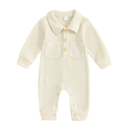 

GPAECEAD Newborn Infant Baby Boy Girl Waffle Knit Romper Button Down Long Sleeve Solid Bodysuit One Piece Jumpsuit Outfits Fall Winter Baby Clothes Beige