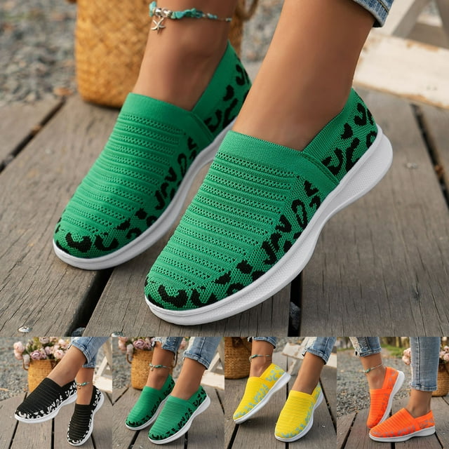 Espadrilles pour Femmes Imprimé Léopard Bloc de Couleur Maille Respirante Tricotée Chaussures de Sport Plates Chaussures de Course pour Femmes Vert 39