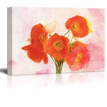 Vibrant Red Poppies wall26 Canvas Wall Art - Red Poppy Flowers on Watercolor Style Background - Gallery Wrap Modern Home Decor | Ready to Hang - 16x24 inches ()