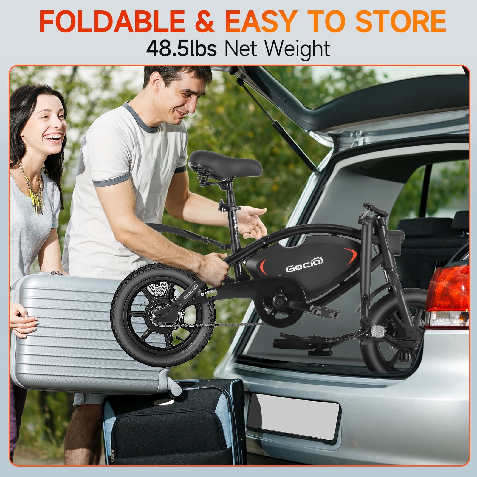 Gocio 14" Foldable Electric Bike, 375Wh 48V Electric Bicycles for Adults Women Teens, Peak 500W City Commuter Cruiser Ebikes, LED Display, E bike One-Piece Tire with 5 Riding Modes UL2849 Certified