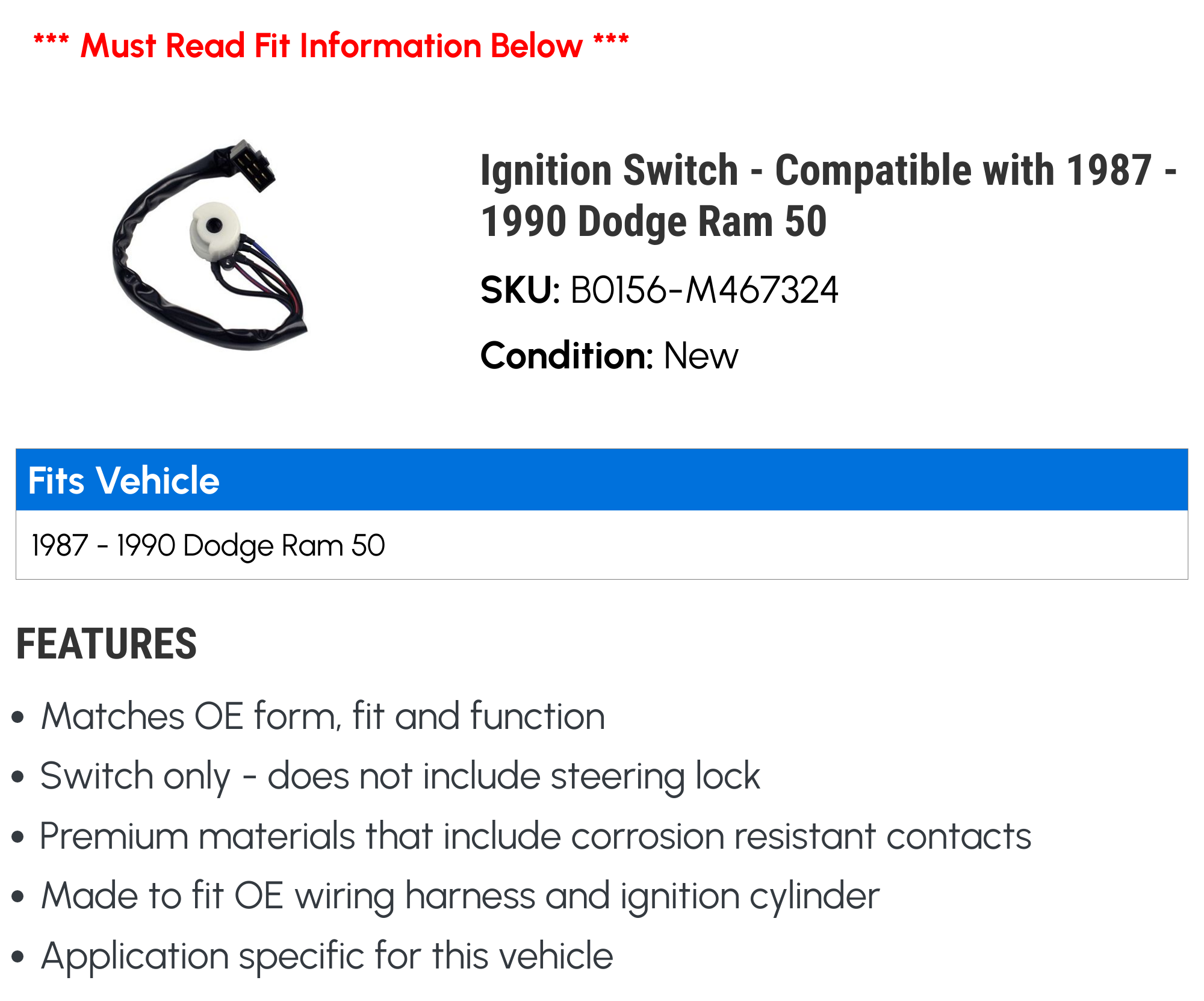 Ignition Switch - Compatible with 1987 - 1990 Dodge Ram 50 1988 1989