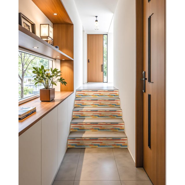 FLFK Decorative Stair Riser Decals, Self-Adhesive Peel and Stick, 39.9 x 7.08 inches, Geometric Pattern, Multicolor, Set of 5