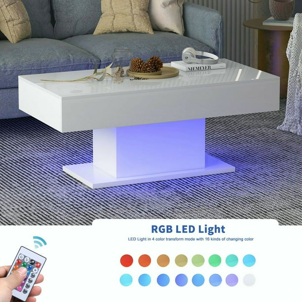 Hironpal High Gloss Coffee Table w/ 16 Colors Led Light, LED Cocktail
