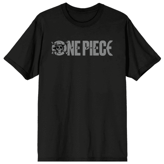 One Piece Live Action Text Logo & Straw Hat Skull & Crossbones Adult Black Crew Neck Short Sleeve T-shirt-XS