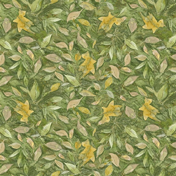 Susan Winget Spring Garden Leaves - Golden Daffodils and Foliage on Forest Green Pattern Cotton Fabric