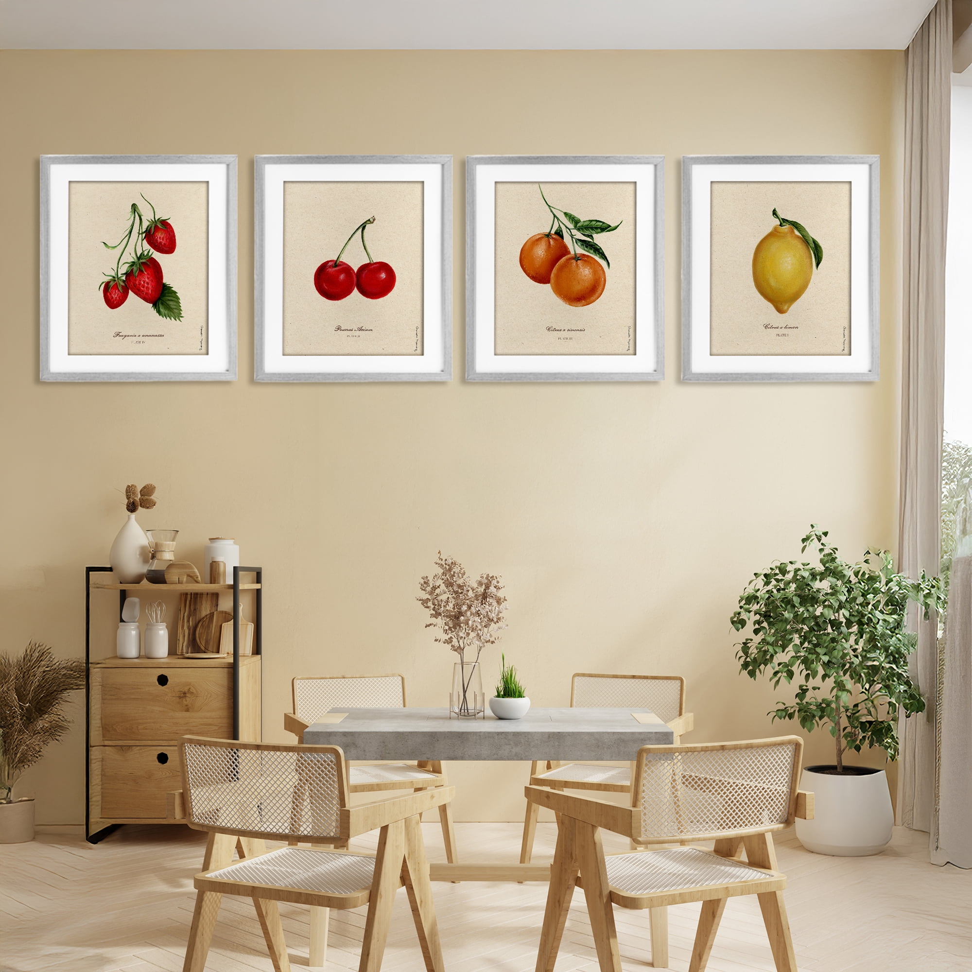 Stupell Industries Vintage Fruit Portraits 4 Piece Gray Framed Print Under Glass Set, design by Danielle Murray