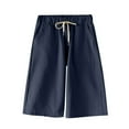 thumbnail image 3 of QATAINLAV Bermuda Shorts for Women Knee Length Wide Leg Shorts with Pockets Summer Casual Drawstring Solid Color Straight Pants, Dark Blue, L, 3 of 4