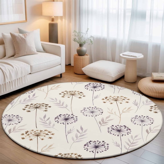 Round Area Rugs 4Ft, Beige Floral Dandelion Non-Slip Washable Circle Rugs Carpet, Spring Farmhouse Botanical Flowers Indoor Outdoor Rug Floor Mats Throw Runner for Bedroom Living Room Bathroom