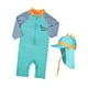 thumbnail image 2 of Traje de baño para niños, ropa de playa de manga larga, traje de baño divertido, protección solar bonita con sombrero, traje de baño de verano con cre Azul, 2 of 8